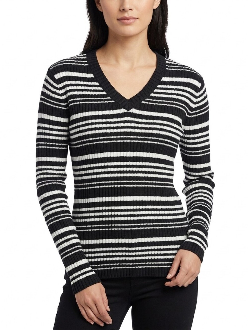 Reitmans Black and White Striped V-Neck Sweater
